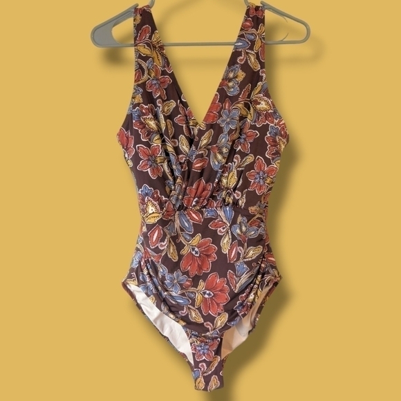 Garnet Hill Brown Colorful Floral V-Neck One-Piece Swimsuit Bohemian Retro - Picture 1 of 11